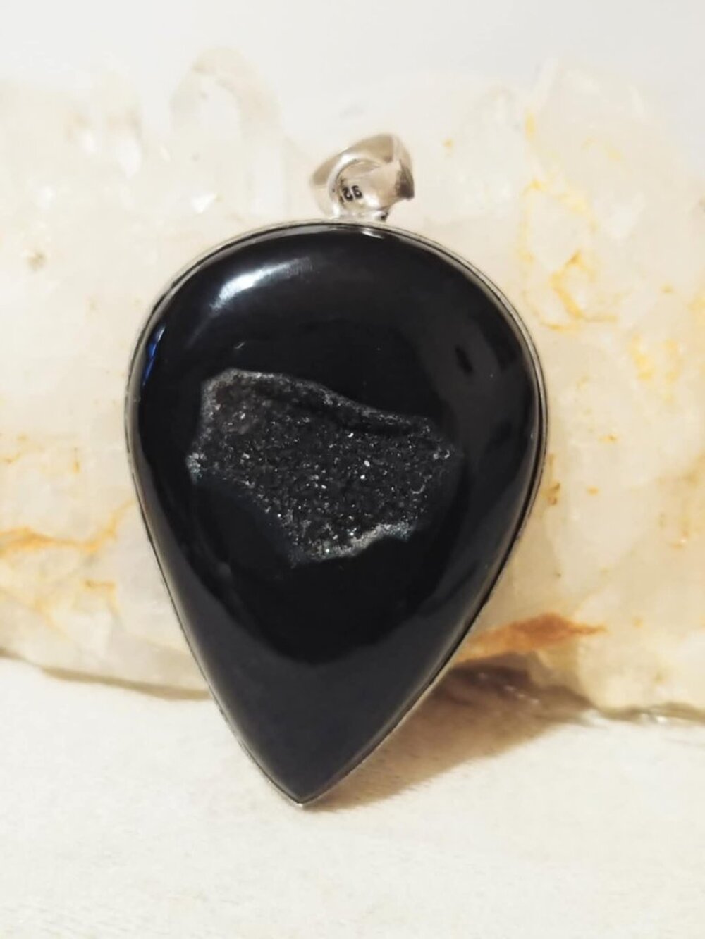 NWOT Large Natural Botswana Black Druzy Agate 925 Sterling Overlay Pendant